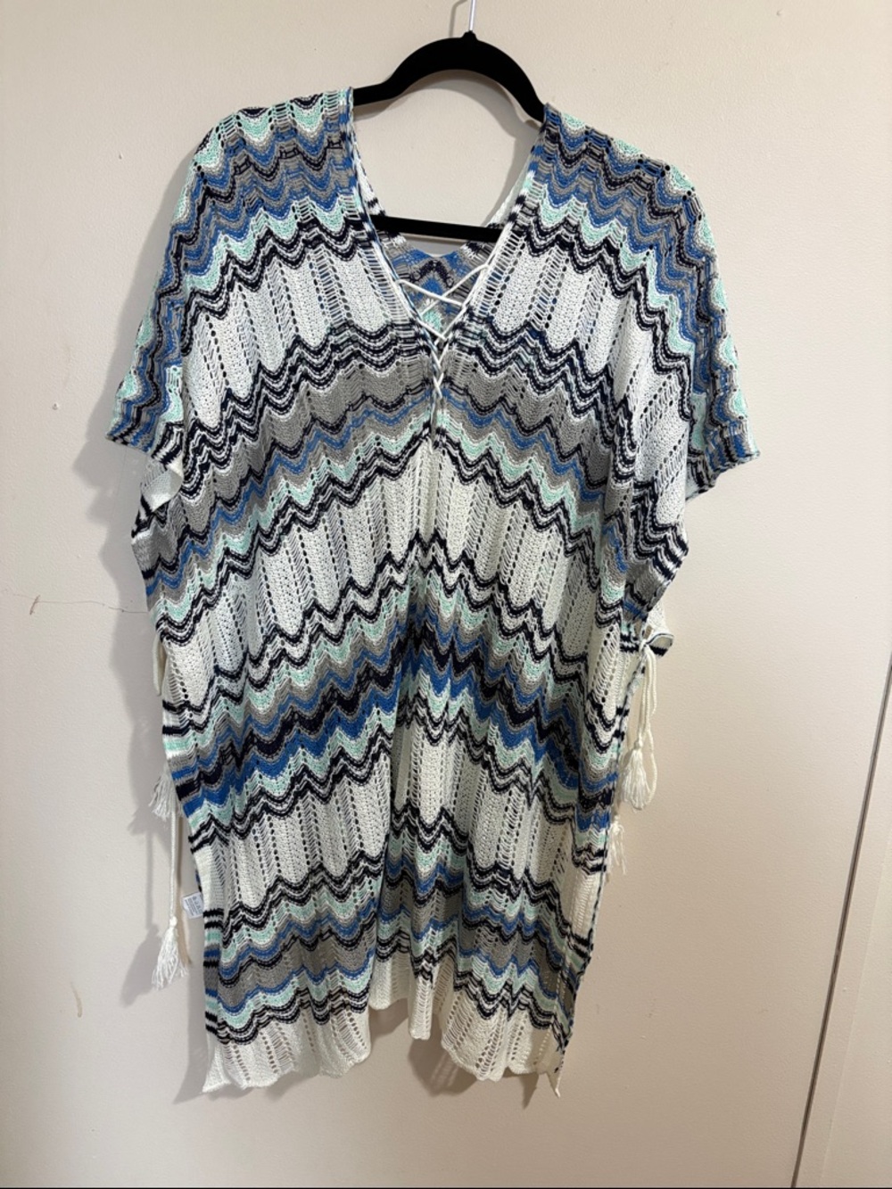 Lightweight Crochet Cover-Up in White with Blue & Black Waves